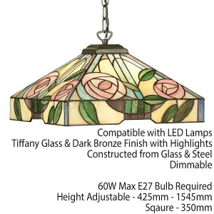 Tiffany Glass Hanging Ceiling Pendant Light Bronze & Square Rose Shade i00156