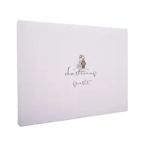 Beautiful White Satin Fabric Christening Guest Book with Silver Metal Cross