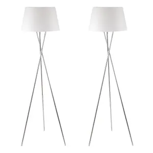 First Choice Lighting Pair Chrome Twist Tripod Floor Lamp with White Fabric Shade