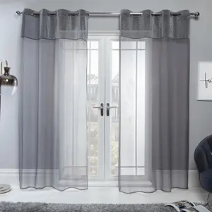 Sienna Amelia Lurex Sparkle Glitter Velvet Voile Pair of Eyelet Ring Top Net Curtains, Charcoal Grey Panels - 55" wide x 87" drop