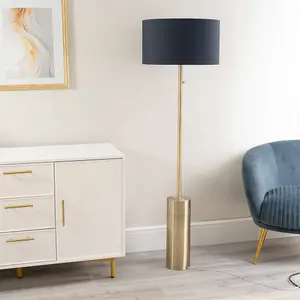 ValueLights Lexy Antique Brass Rotary Dimmer Switch Floor Lamp with Navy Blue Drum Shade