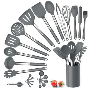 Silicone Kitchen Utensils Set, 25 Pcs Cooking Utensil With Holder, Heat Resistant Kitchen Tools With Stainless Steel Handle For Non-Stick Cookware, Turner Spatula Spoon Tong Brush Whisk, Red Grey