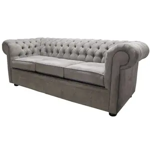 Chesterfield 3 Seater Sofa Kimora Grey With Blue Piping Fabric In Classic Style