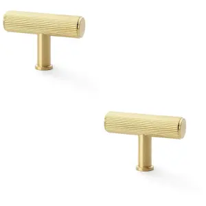 2 PACK - Reeded T Bar Cupboard Door Knob - 55mm x 38mm Satin Brass Lined Pull Handle