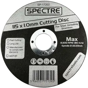 Spectre 115mm 4.5" 1.0mm Thin Fast Metal Cutting Disc 22mm Bore Flat Disc x10