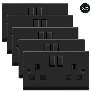 5 PACK - Matt Black 2 Gang 13A DP Ingot Twin Double Switched Plug Socket - Black Trim - SE Home