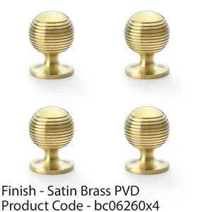 4 PACK - Reeded Ball Door Knob - 32mm Diameter Satin Brass Lined Cupboard Pull Handle