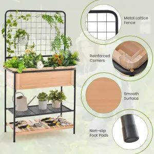 Costway Raised Garden Bed with Trellis Elevated Wood Planter Box W/ Grid Divider