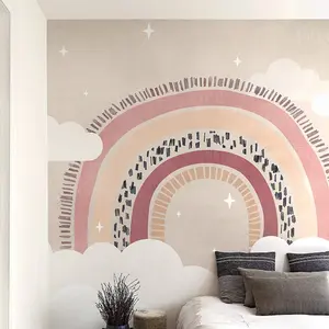 Grandeco Rainbow and Clouds 7 panel Wallpaper Mural 2.8 x 3.71m, Neutral Pink