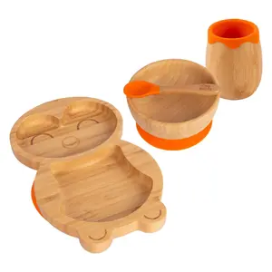 Tiny Dining - Penguin Bamboo Suction Baby Feeding Set - Orange - 4pc