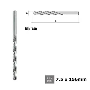 Quality Drill Bit For Metal - Fully Ground Polished HSS DIN 340 Silver - Diameter 7.5mm - Length 156mm