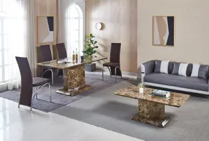 Modernique Brown MDF Marble Effect Dining Table with 4 Brown Faux Leather Chairs