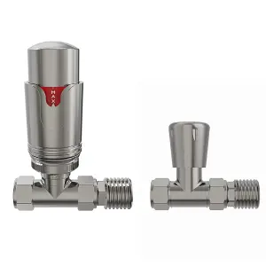 Right Radiators Satin Nickel Straight TRV Thermostatic Radiator valve & lockshield 15mm x 1/2"