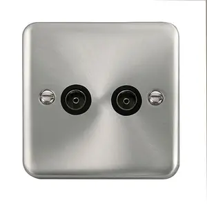 Curved Satin / Brushed Chrome 2 Gang Twin Coaxial TV Socket - Black Trim - SE Home