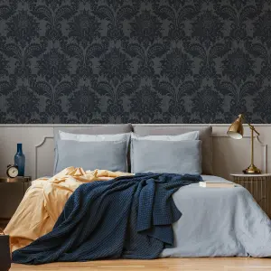 Boutique Navy Metallic effect Damask Textured Wallpaper Sample