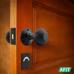 AFIT Beehive Reeded Black Door Knob Set - 1 Pair Matt Black Mortice Knobs (55mm), Latch (76mm), Hinges (76mm) & Indicator Bolt