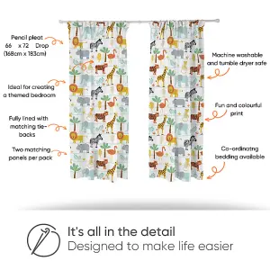 Bloomsbury Mill -  Jungle Animal Curtains for Kids Bedroom - Lined Curtain Pair  with Tie Backs 66 x 72 inch or 168cm x 183cm