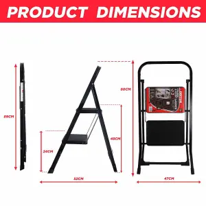 Dekton Folding Metal 2 Step Ladder Portable Wide Steps Non Slip Rubber Safety