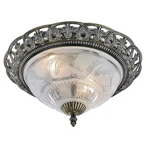 Traditional and Classic Antique Brass and Floral Glass Flush Ceiling Light