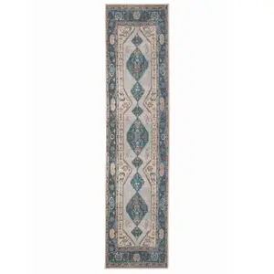 Distressed Teal Blue Beige Persian Style Washable Non Slip Runner Rug 60x240cm