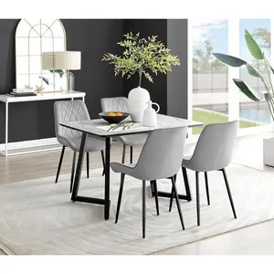 Industrial Design Grey & White Marble Effect Melamine Dining Table Set with 4 Luxury Velvet Chairs Grey/Black