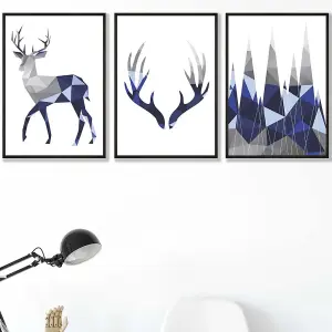 Set of 3 Geometric Navy Blue Grey Stags Set Wall Art Prints / 42x59cm (A2) / Black Frame