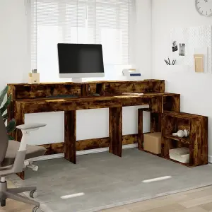 Berkfield Desk with LED Lights Smoked Oak 200x104x91 cm Engineered Wood