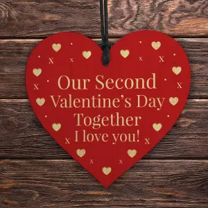 Red Ocean Second 2nd Valentines Day Together Gift For Boyfriend Girlfriend Red Wooden Hanging Heart Sign Novelty Gift For Partner