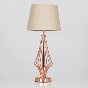 ValueLights Jaspa Copper Metal Wire Geometric Diamond Design Table Lamp with Beige Tapered Shade with 6w LED GLS Bulb