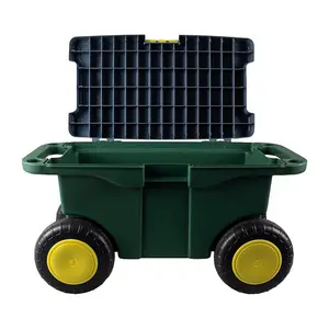 Garden Tool Trolley & Seat - Plastic Storage Cart Box with 4 Wheels, 2 Handles, Clasp Lid & Removeable Tray - H30 x W55 x D27cm