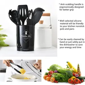 Silicone Utensil Set Kitchen Utensils - 11Pcs Cooking Utensils Set With Holder Kitchenware Turner Spatula Cooking Tong Spoon Non-Stick Heat Resistant