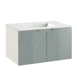 Bathroom Vanity Unit 800mm Sink Basin Modern Wall Hung Cabinet Ribbed Green Cara