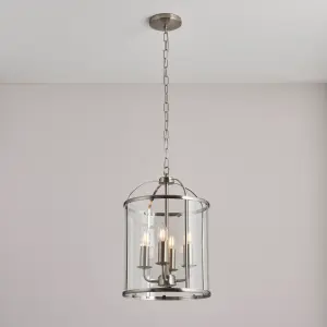 Anson Lighting Powell 4lt Pendant light finished in Satin nickel plate and clear glass