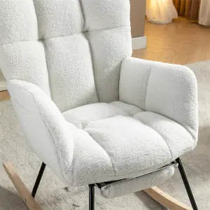 New Modern Teddy Fabric Tufted Upholstered Rocking Chair with pull-out footrest, White 