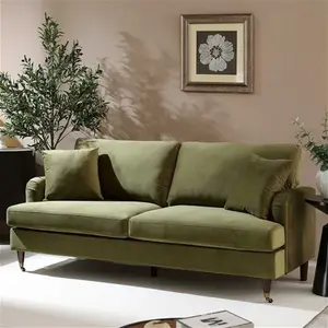 Brigette 3-Seater Olive Green Velvet Sofa With Antique Brass Castor Legs - Daals - Sofas