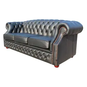 Chesterfield 3 Seater Shelly Black Leather Sofa Bespoke In Buckingham Style