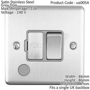 13A DP Switched Fuse Spur & Flex Outlet SATIN STEEL & Grey Mains Isolation