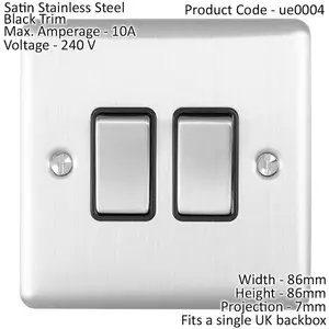 2 Gang Double Light Switch SATIN STEEL 2 Way 10A Black Trim & Metal Rocker