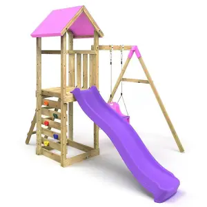 Rebo Adventure Wooden Climbing Frame, Swing Set and Slide - Rosa Pink