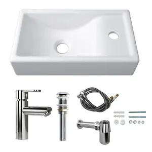 16-Inch Wall Hung Basin Sink Combo, Small Cloakroom Basin, Rectangle Ceramic Bathroom Wash Basin - Right Hand Sink Set (Include Faucet & Pop-up Drain)