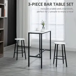 HOMCOM 3 Piece Bar Table Set for 2 with Stools Steel Frame Footrest White