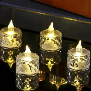 Set of 12 Clear Faceted LED Tealights - Battery Powered Faux Light Up Flame-Free Candle Lights Home Decoration - Each H5 x 3.8cm