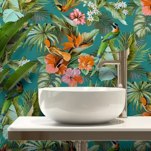 Rasch Vasari Tropical Paradise Birds Multi Teal Wallpaper Luxury Textured Vinyl