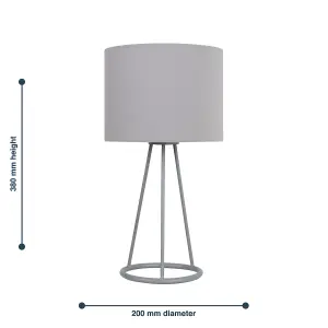 First Choice Lighting Tripod Silver Tripod Table Lamp with Ring Detail and Grey Fabric Shade