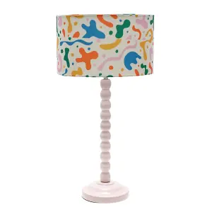 Rose Pink Bobbin Stem Table Lamp with Abstract Shapes Drum Shade for Living Room Bedroom