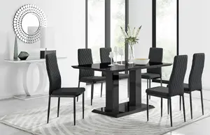 Imperia Black High Gloss 6 Seater Dining Table with Structural 2 Plinth Column Legs 6 Black Faux Leather Black Leg Milan Chairs