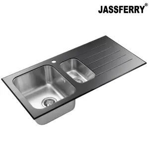 JASSFERRY Glossy Black Glass Top Kitchen Sink Stainless Steel 1.5 Bowl Right Hand Drainer