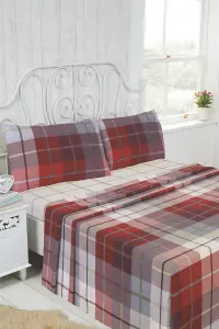 Flannelette Brushed Cotton Checked Red Fitted Sheet, Flat Sheet And Pillow Case