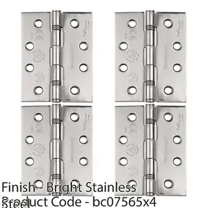 4 PACK - PAIR Grade 13 Heavy Duty Slim Knuckle Hinge - 107 x 77mm Bright Stainless Steel