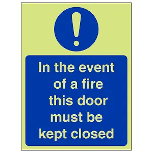 Event Of Fire Door Must Be Closed Sign - Glow in Dark - 150x200mm (x3)